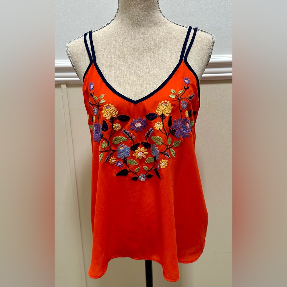 Eyeshadow Embroidered Floral Orange Camisole Top L Tank Vneck Cottage Bohemian